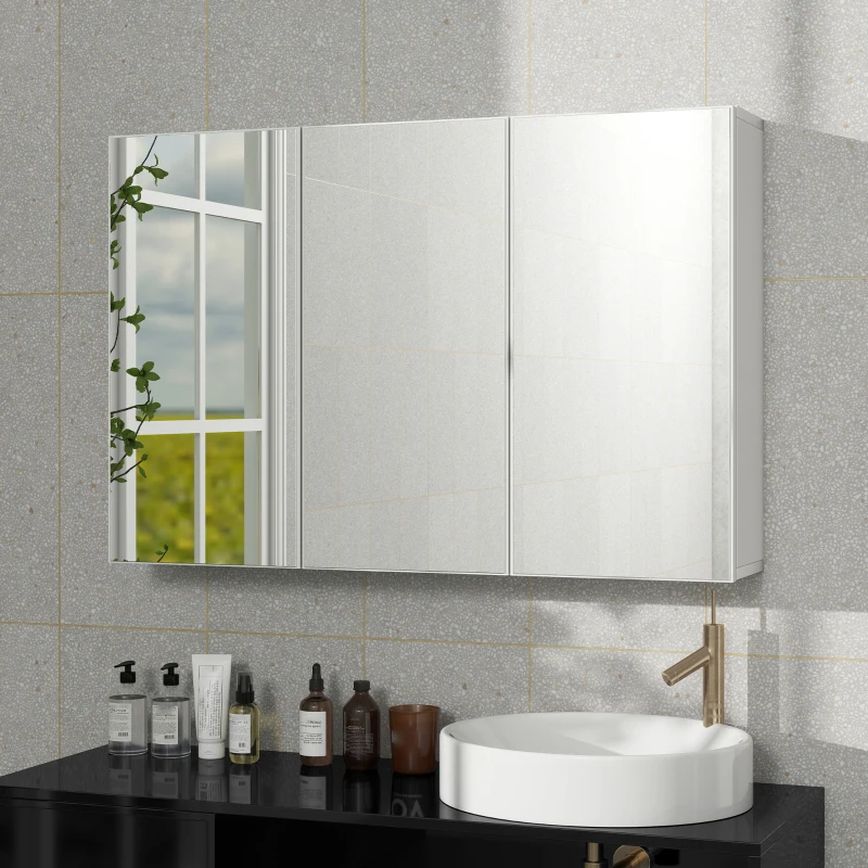 HOMCOM Badkamerspiegelkast, Badkast met 3 Spiegels, Wandmontage, 90 x 15,5 x 60 cm, Spaanplaat, Wit