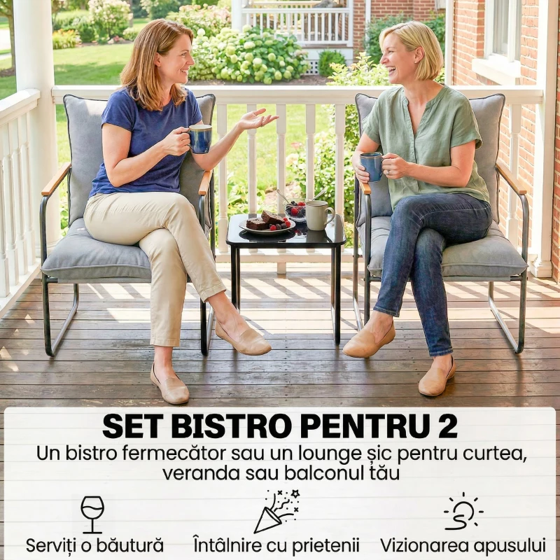 Outsunny Set Bistro 3 Piese, Mobilier Exterior Metal cu Perne, Gri Întunecat
