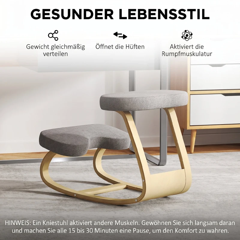 HOMCOM Kniestuhl – Ergonomische Kniekruk met Linnenlook, Berkenhouten Basis, tegen Nekpijn