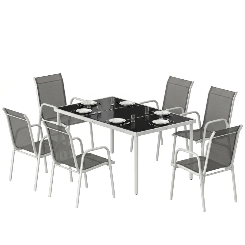 Outsunny Set da Giardino 7 Pezzi: Tavolo Rettangolare e 6 Sedie Impilabili