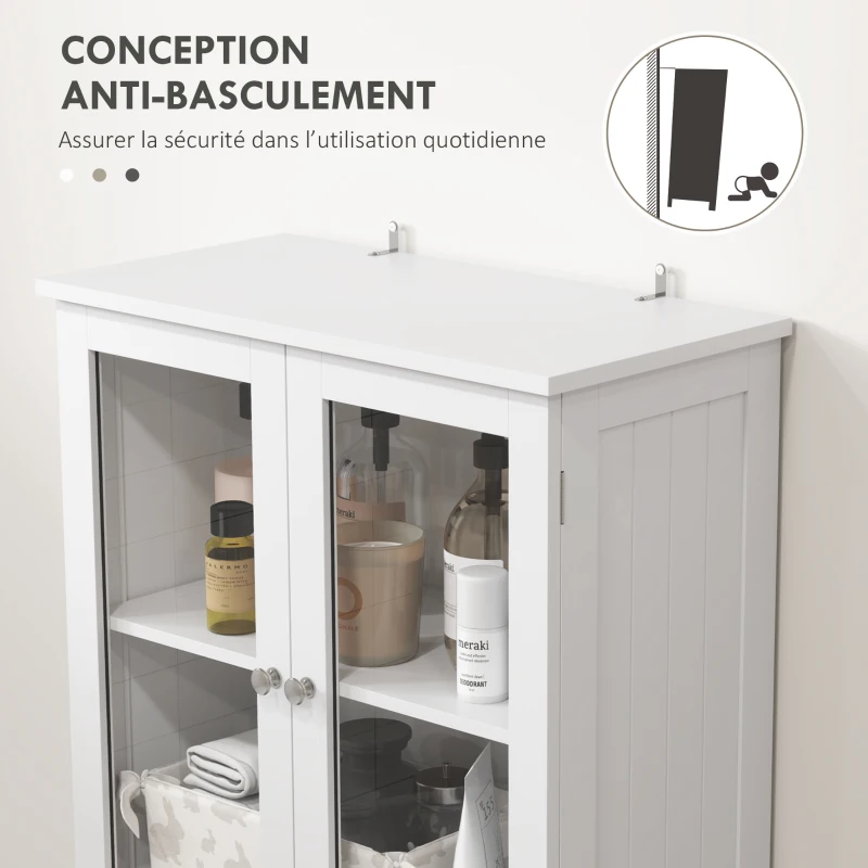 HOMCOM Meuble haut de rangement, armoire avec portes vitrées et étagères réglables pour salle de bain, cuisine, salon, blanc