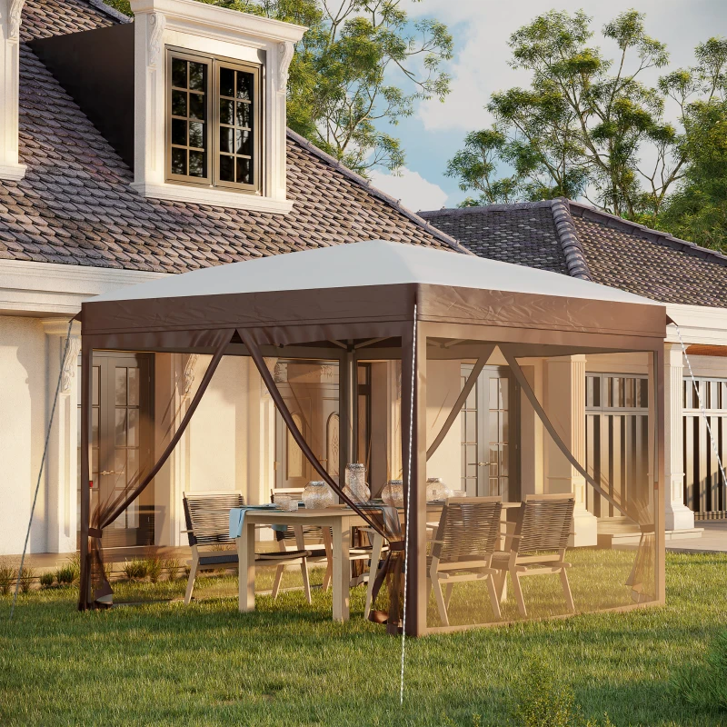 Outsunny Pavilion pliabil 3 x 3 (m) cu plase si geanta de transport cu rotile, cort de evenimente cu inaltime reglabila, cort de gradina, curte, bej