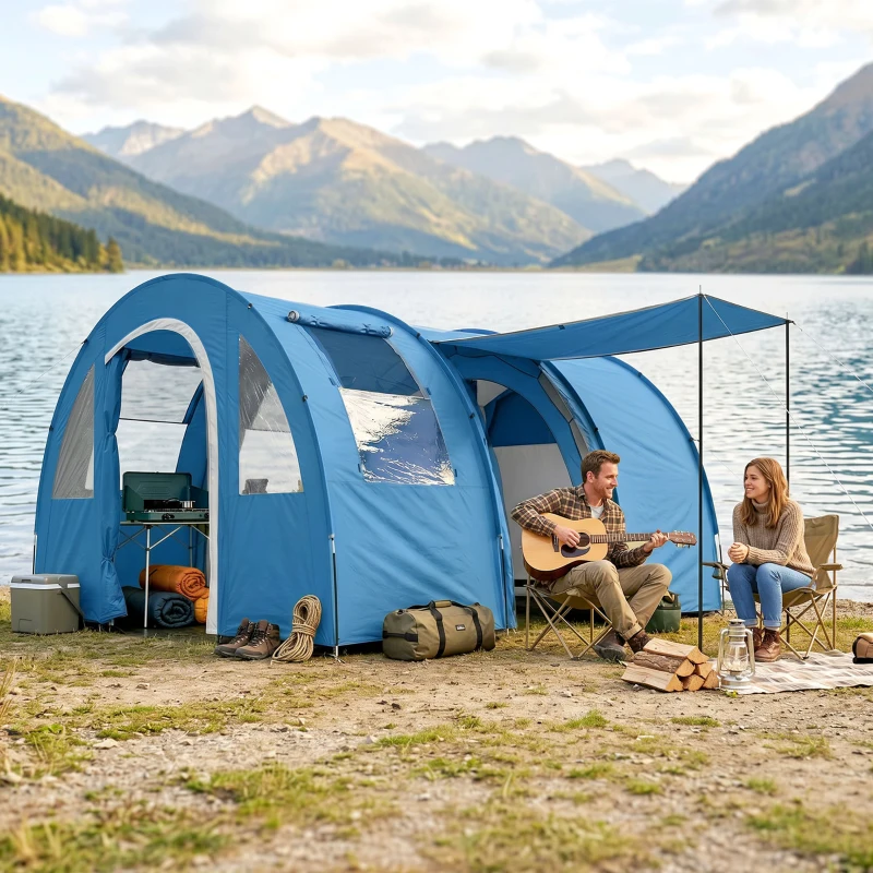 Outsunny 4 Man Camping Tent with 2 Room, Floor and Carry Bag - Blue