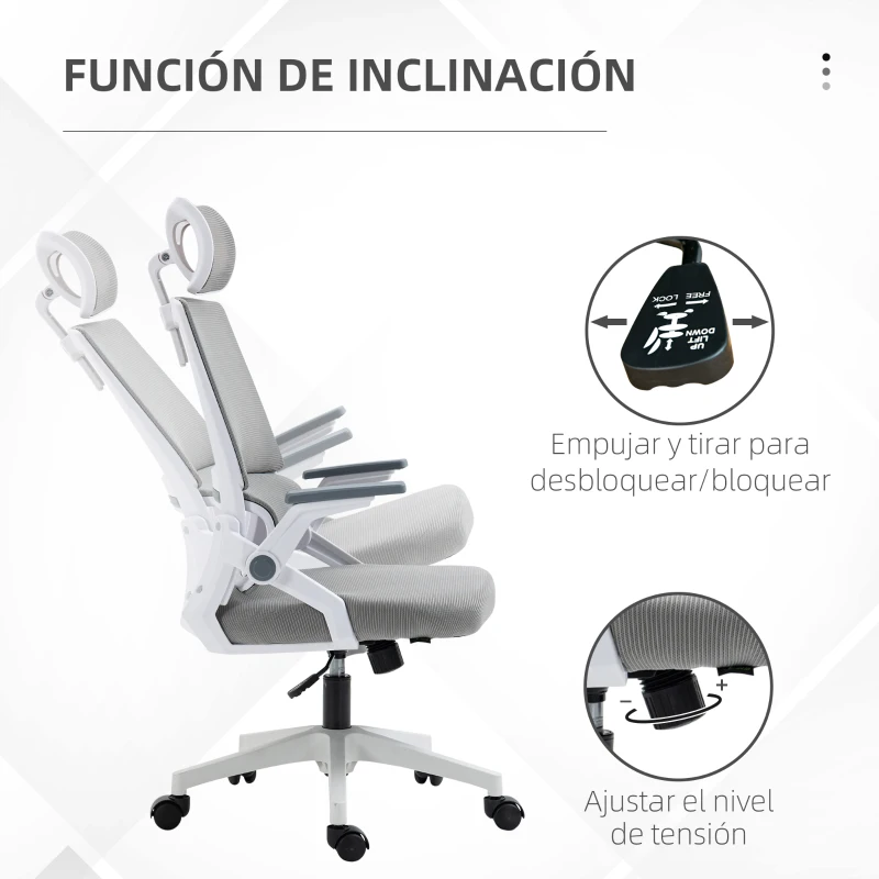 Vinsetto Silla de Oficina de Malla Silla de Escritorio Giratoria Altura y Reposacabezas Ajustable 58x61x102-119 cm Gris