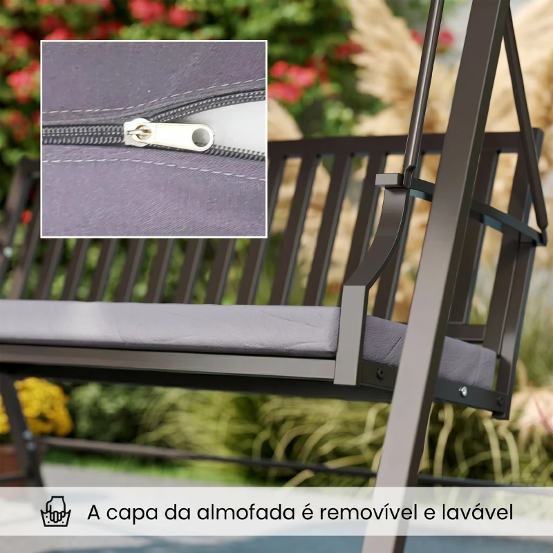 Outsunny Baloiço de Jardim para 3 Pessoas Banco Baloiço com Toldo Ajustável Almofada e Estrutura de Aço 205x133x181 cm Cinzento
