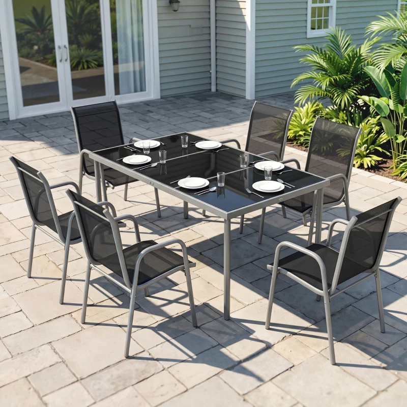 Outsunny Conjunto de Mesa y Sillas Jardín con Mesa de Vidrio Templado y 6 Sillas Apilables Transpirables para Terraza Negro