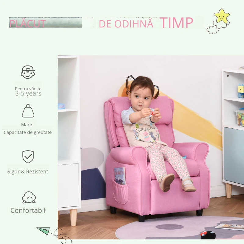 HOMCOM Kindersofa Kindercouch Kindersessel Sessel Liegesofa reglabil cu suport pentru picioare pentru copii între 3-5 ani băieți și fete Roz 58 x 53 x 70 cm
