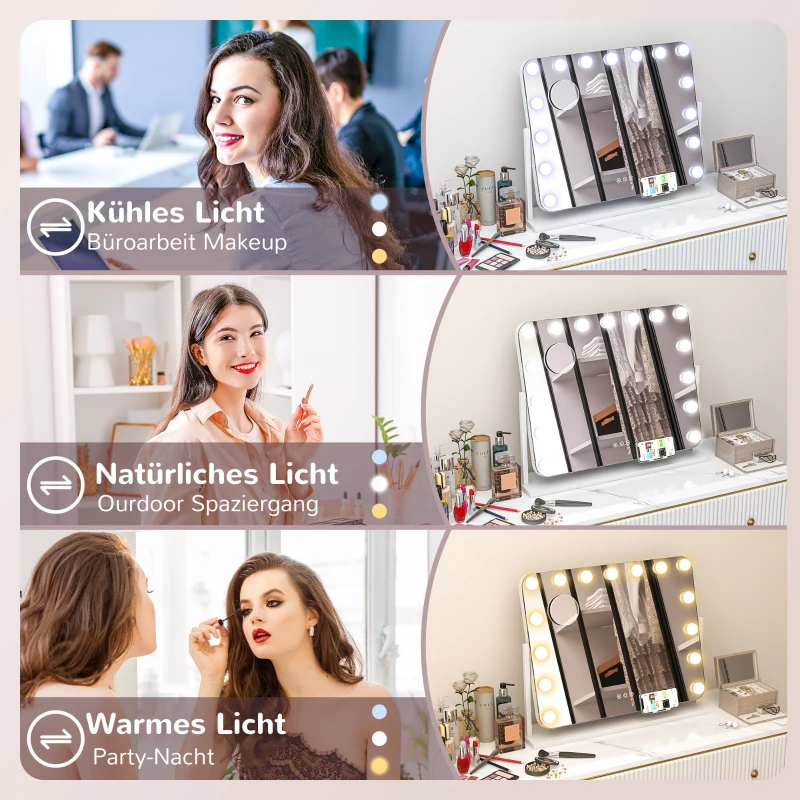 HOMCOM LED-cosmeticaspiegel, 3 lichtmodi, dimbaar, touchbediening, USB, 62,5 x 49,5cm, Wit