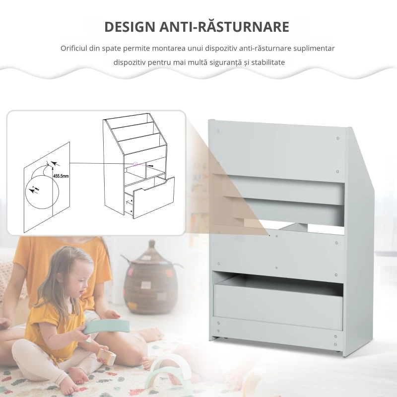HOMCOM Raft pentru copii cu sertar, bibliotecă cu rafturi, 60 x 29,9 x 90 cm, Gri