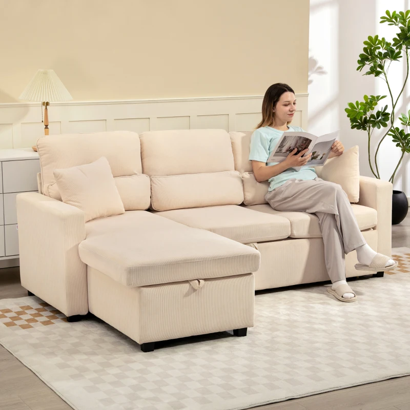HOMCOM Sofá Cama Esquinero con Compartimento, Tapizado en Terciopelo Acanalado y 2 Cojines, 205x135x76 cm, Beige