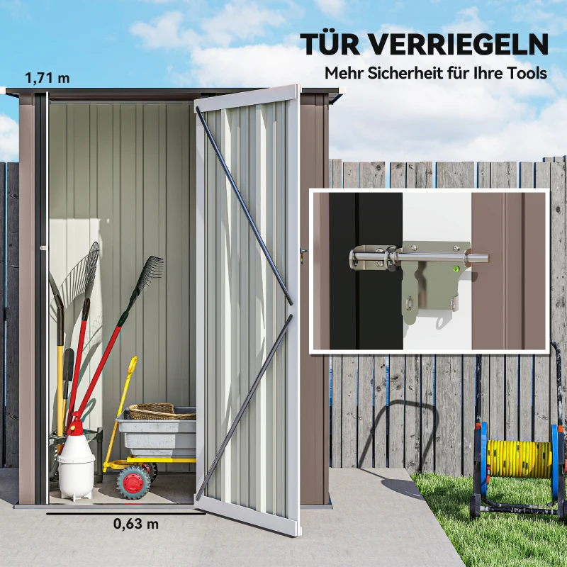 Outsunny Gerätehaus 1,07 m² mit Schrägdach, 142 x 86 x 189 cm Geräteschuppen mit abschließbar Tür, Gartenhaus, Stahl, Braun