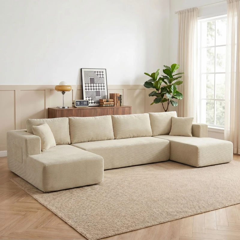HOMCOM Komprimiertes modulares U‑Sofa 337 cm, 4‑Sitzer Schlafsofa in Cordvelours, breite Sitzfläche, Creme
