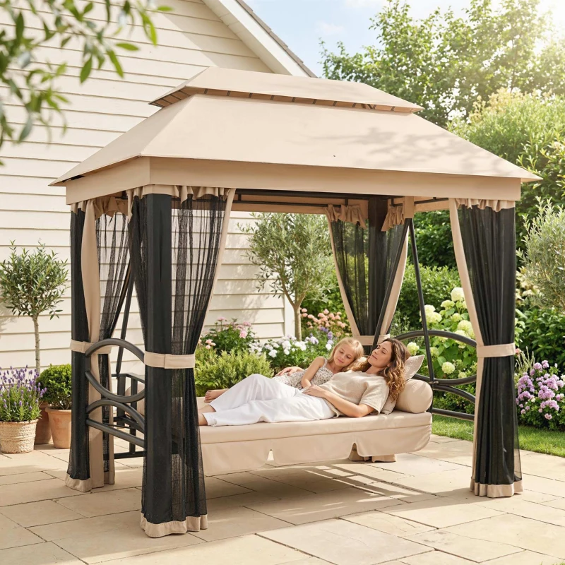 Outsunny Balancelle de Jardin 3 Places Convertible Style Colonial Grand Confort 5 Coussins + Matelas + moustiquaires Inclus 2,56L x 1,72l x 2,48H m Marron Clair
