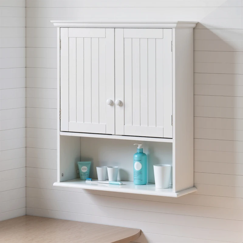 Kleankin Armário Casa de Banho com 2 Portas Prateleira Interior Ajustável e Compartimento Aberto Móvel Auxiliar Suspenso Multiúso para Cozinha 60x20x70,5cm Branco