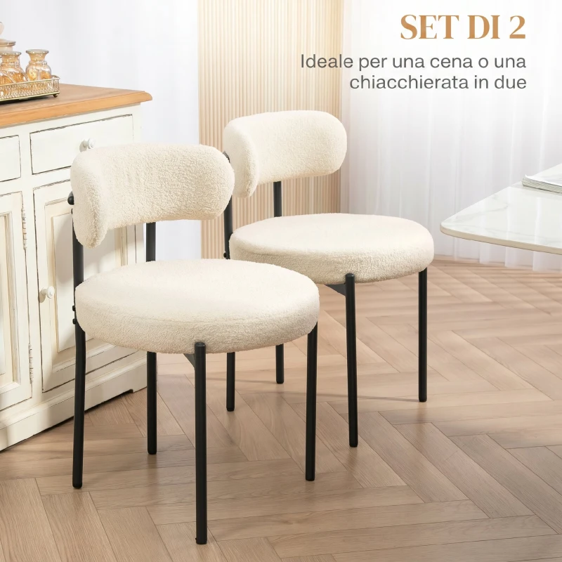 HOMCOM Set di 2 Sedie Sala da Pranzo in Tessuto Sherpa, Sedie da Cucina con Gambe in Acciaio, Sedia Imbottita per Cucina