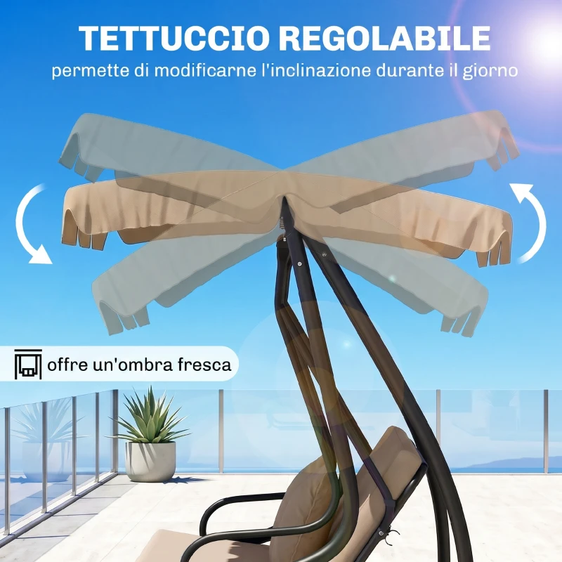 Outsunny Dondolo Letto da Giardino 3 Posti con Tetto Regolabile e Vassoio, 200x120x164 cm, Marrone Chiaro