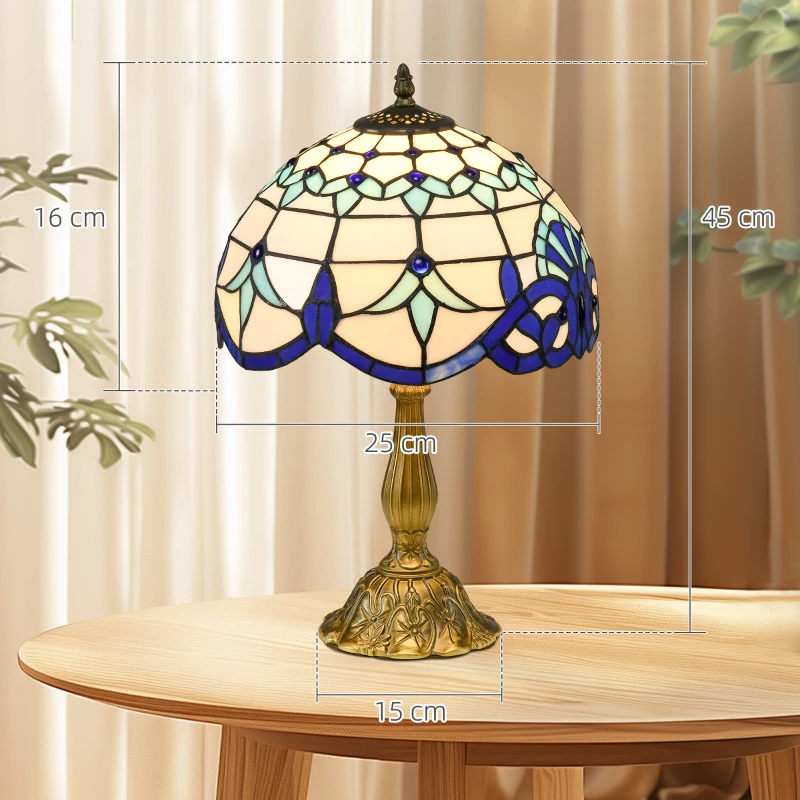 HOMCOM Tiffany Stained Glass Table Lamp, Handmade Antique Bedside Lamp for Bedroom, Living room, Home, Nightstand, Decorative Night Light, Blue
