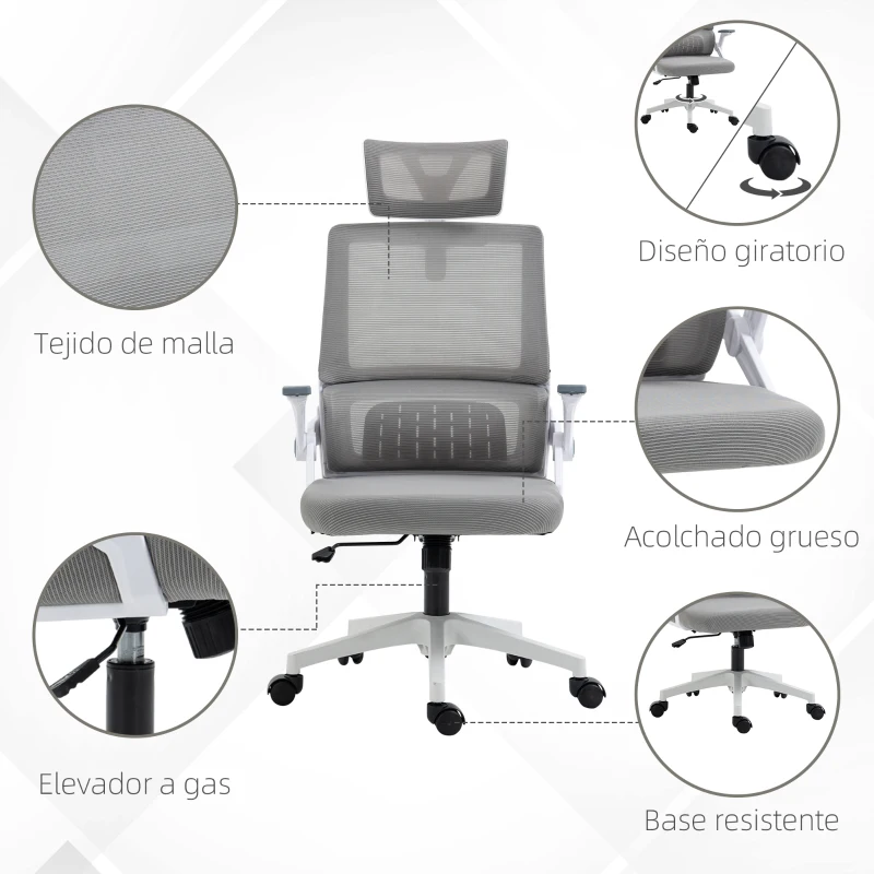Vinsetto Silla de Oficina de Malla Silla de Escritorio Giratoria Altura y Reposacabezas Ajustable 58x61x102-119 cm Gris