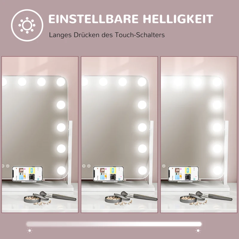 HOMCOM LED-cosmeticaspiegel, 3 lichtmodi, dimbaar, touchbediening, USB, 62,5 x 49,5cm, Wit