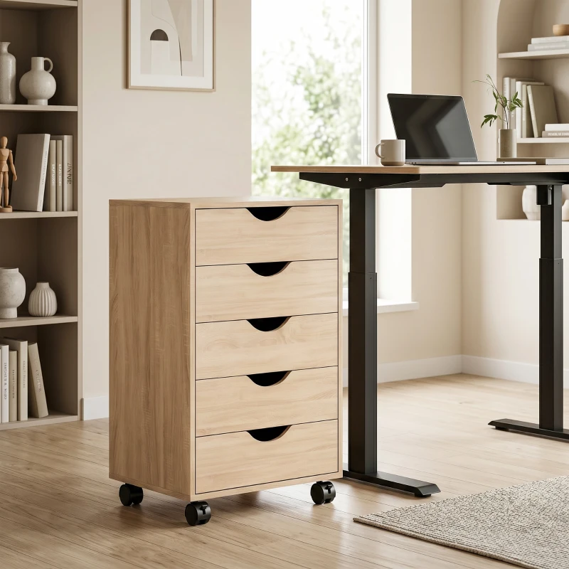 HOMCOM Caisson bureau mobile, meuble rangement sur roulettes avec 5 tiroirs, bois, 40 x 40 x 67 cm, chêne