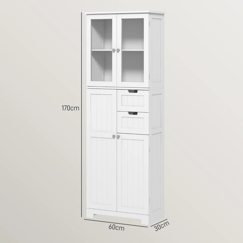 HOMCOM Meuble haut de rangement, armoire avec portes vitrées et étagères réglables pour salle de bain, cuisine, salon, blanc