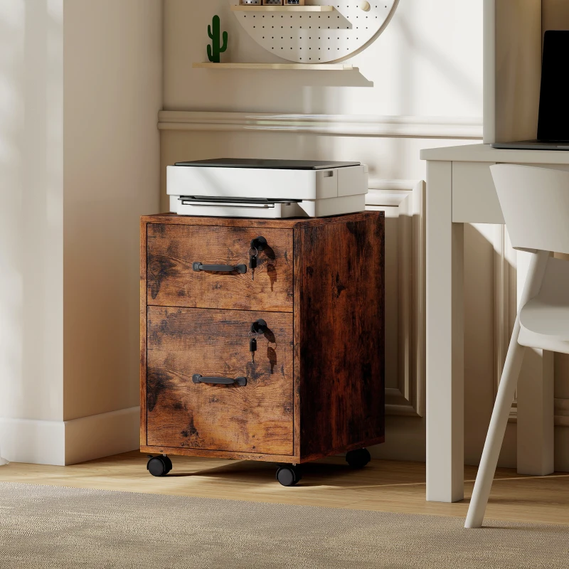 HOMCOM Caisson bureau mobile à 2 tiroirs, meuble rangement bureau sur roulettes pour documents suspendus format lettre, marron