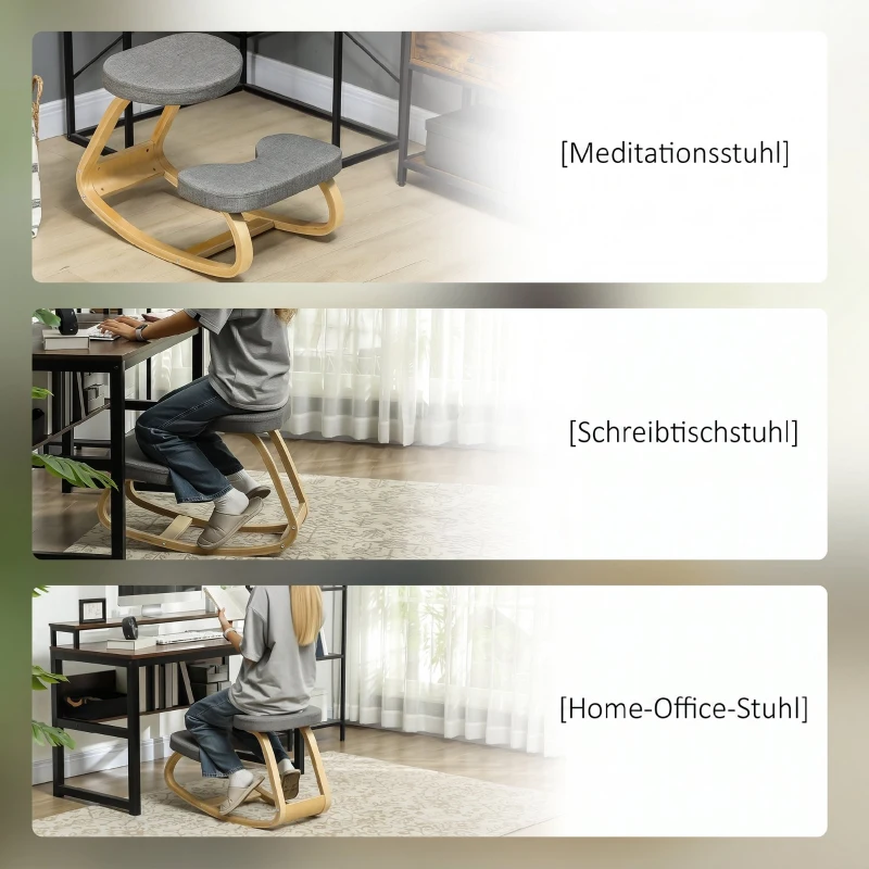 HOMCOM Kniestuhl – Ergonomische Kniekruk met Linnenlook, Berkenhouten Basis, tegen Nekpijn