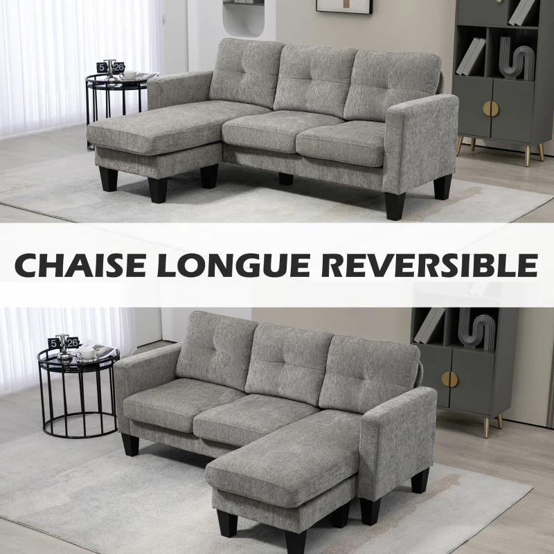 HOMCOM Sofá Chaise Longue Reversible con Estructura de Acero Tapizado en Chenilla 186x130x84cm Marrón Topo