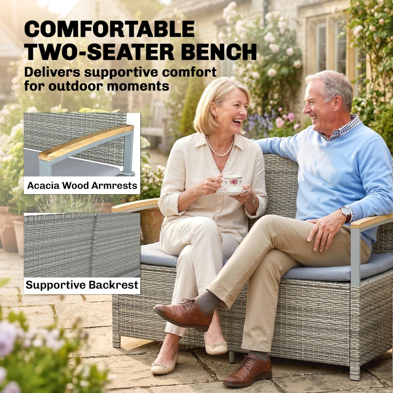 Outsunny 170 L Garden Storage Bench with Zipped Liner, 2 Seater Rattan Garden Bench with Storage, Gas Strut, Cushion, Light Grey