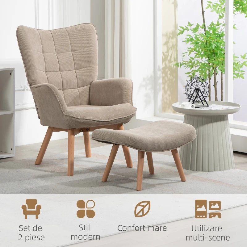 HOMCOM Fotoliu cu Suport pentru Picioare în Stil Contemporan, din Material Textil cu Efect de Catifea, 72x80x101 cm, Maro Deschis