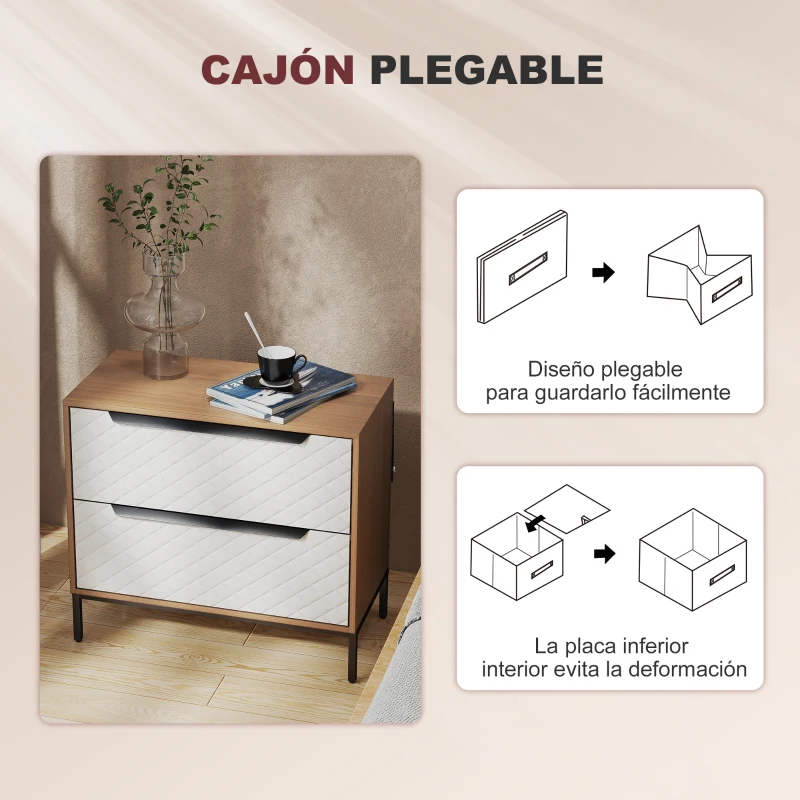 HOMCOM Cómoda con 2 Cajones de Tela Frentes con Patrón de Diamante para Salón Oficina Vestidor Natural y Blanco