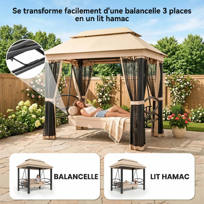 Outsunny Balancelle de Jardin 3 Places Convertible Style Colonial Grand Confort 5 Coussins + Matelas + moustiquaires Inclus 2,56L x 1,72l x 2,48H m Marron Clair