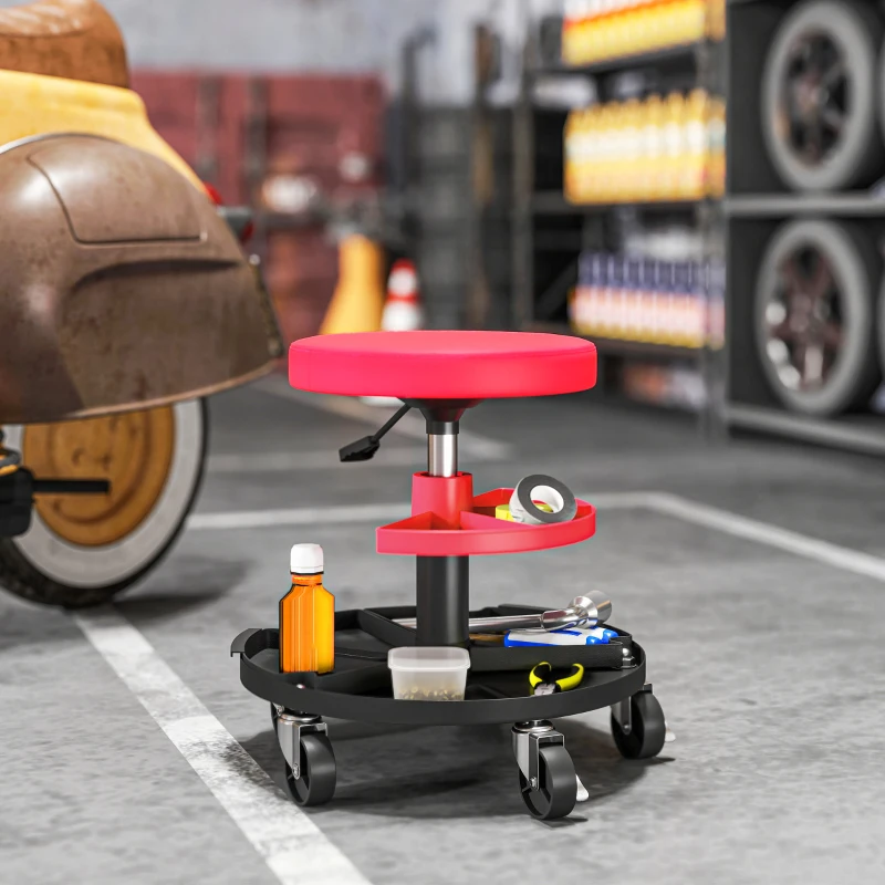 HOMCOM Taburete de Taller Giratorio con Ruedas Altura Ajustable de 40-51 cm y 2 Bandejas Carga 135 kg para Garaje Rojo