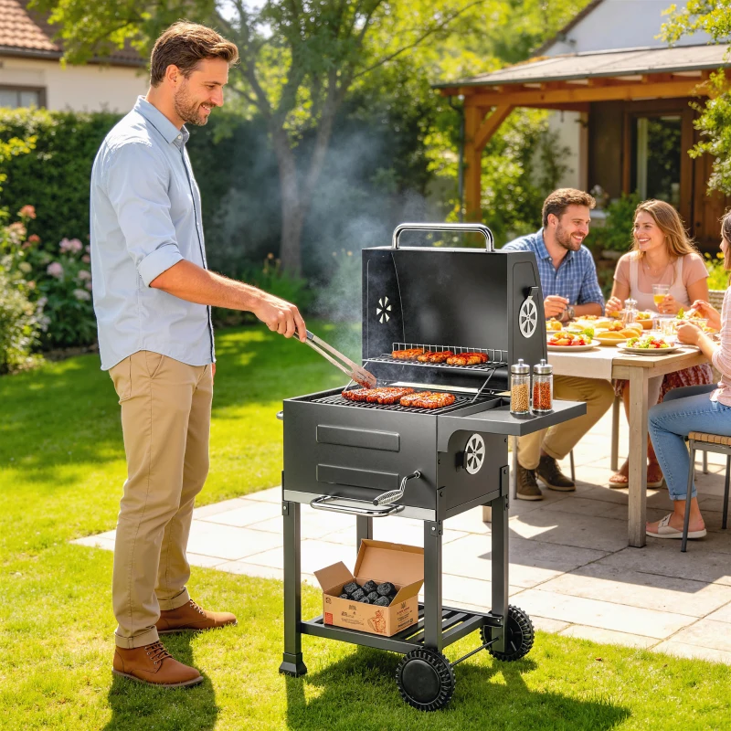 Outsunny Holzkohlegrill Kompakt Grillwagen mit Deckel Thermometer Grillrost Seitentisch Aschefach Lüftungsschlitzen