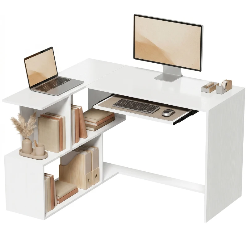 HOMCOM Hoekbureau, computerbureau met toetsenbordlade en open schappen, witte houtlook