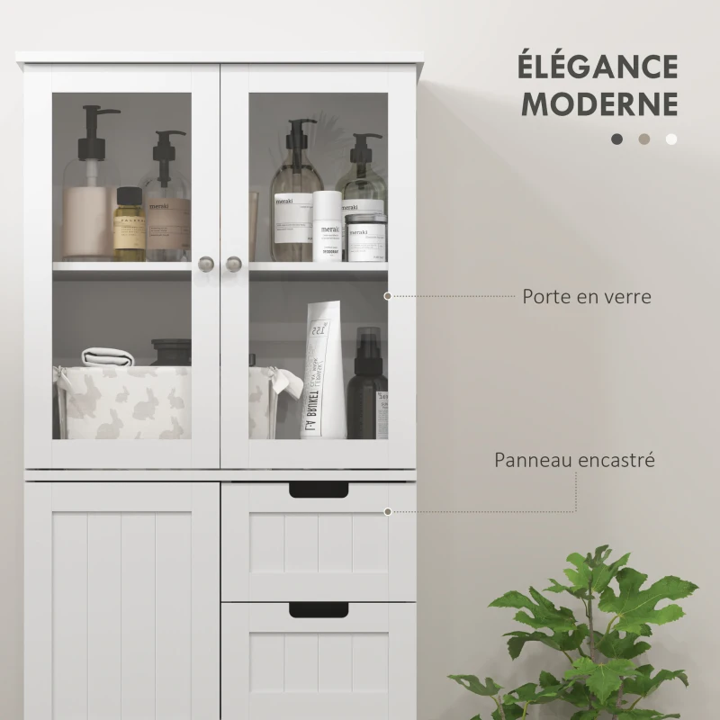 HOMCOM Meuble haut de rangement, armoire avec portes vitrées et étagères réglables pour salle de bain, cuisine, salon, blanc