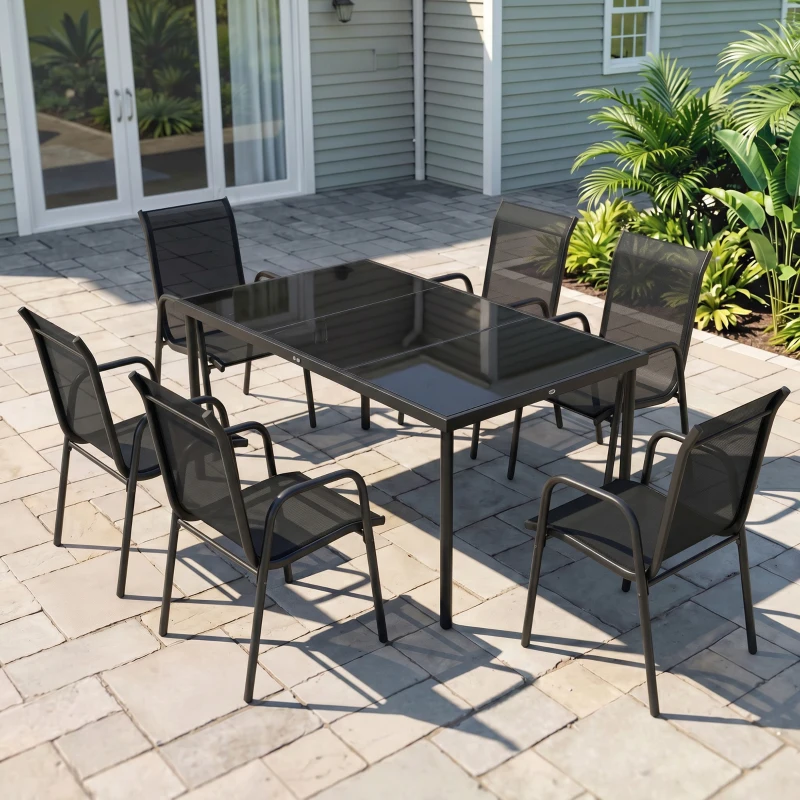 Outsunny Salon de Jardin 6 Personnes Ensemble Table et Chaises Jardin avec Chaises Empilables en Textilène 70x51x87cm Noir