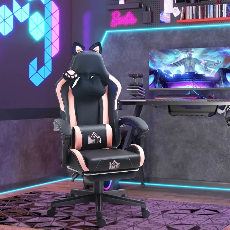 HOMCOM Scaun de Gaming Reclinabil cu Suport pentru Picioare și Perne, din Piele Ecologică și Spumă, 65x62x116-124 cm, Roz și Negru