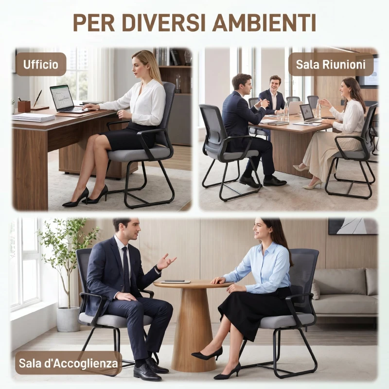 HOMCOM Sedia Ufficio in Tessuto a Rete Trasparente Senza Ruote per Sala d'Attesa e Sala Conferenze, Grigio scuro