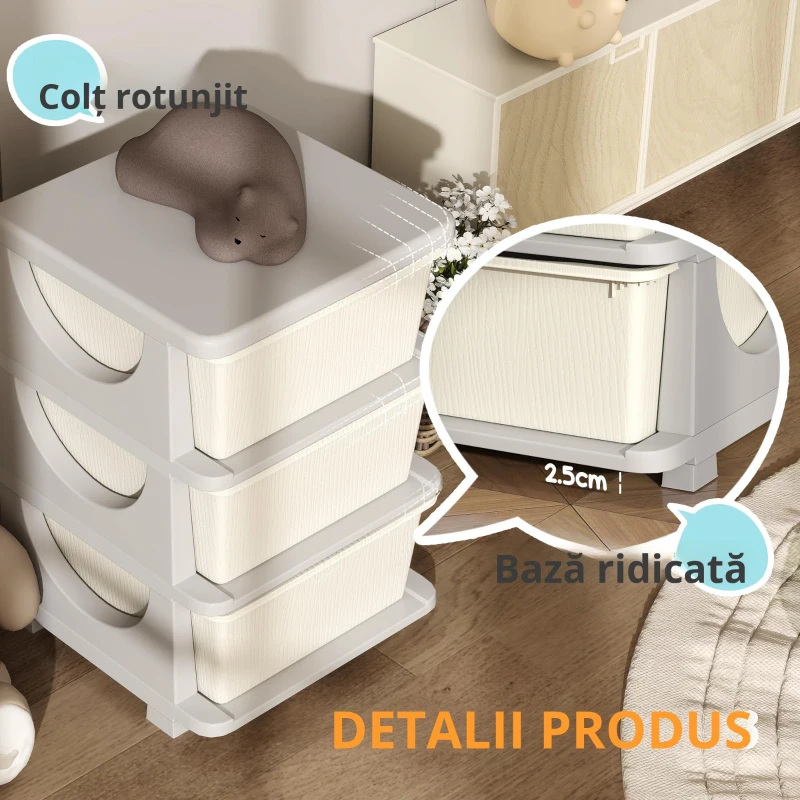 HOMCOM Cutii de depozitare pentru copii, 3 sertare mari, margini rotunjite, plastic, 37x37x56,5 cm, Crem