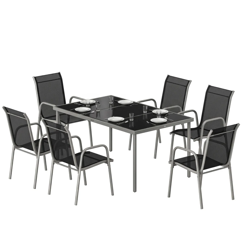 Outsunny Conjunto de Mesa y Sillas Jardín con Mesa de Vidrio Templado y 6 Sillas Apilables Transpirables para Terraza Negro