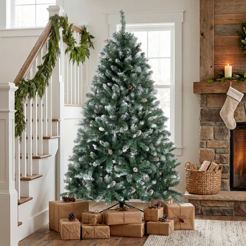 HOMCOM Árvore de Natal Artificial 180 cm Árvore de Natal com 910 Ramos com Efeito Neve 58 Pinhas Verde