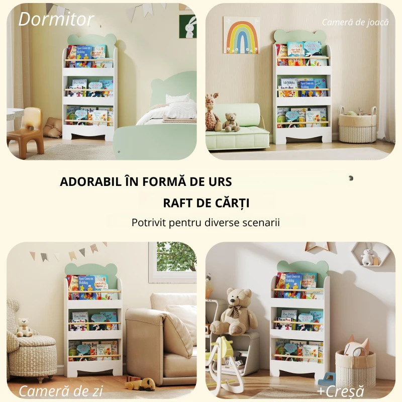 AIYAPLAY Raft pentru cărți copii, raft pentru copii cu 3 niveluri cu temă urs pentru cărți și jucării, 55 x 15 x 110 cm, Verde