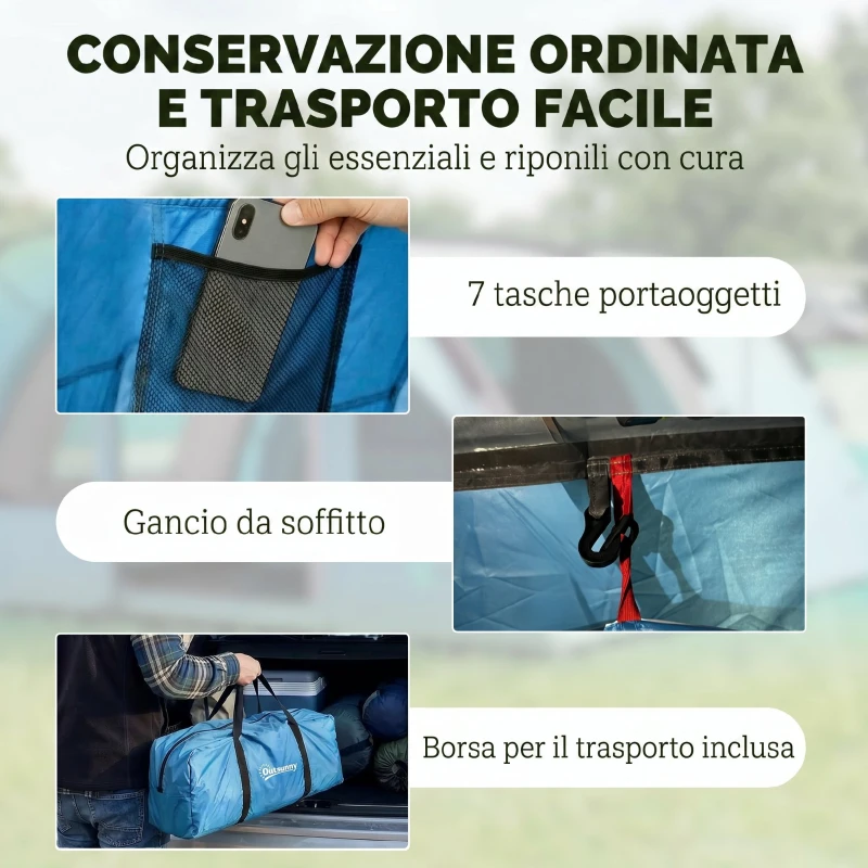 Outsunny Tenda Campeggio a Tunnel per 2-4 Persone Alta 200cm con 2 Stanze, Impermeabile 3000mm per Trekking, Azzurro