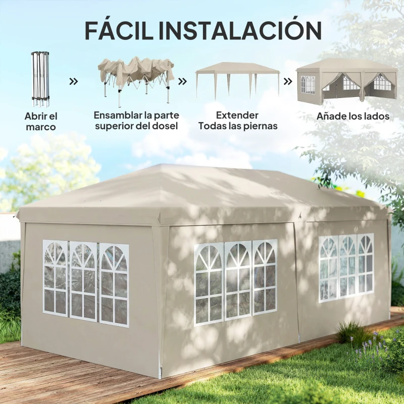 Outsunny Carpa de jardín exterior 6x3m carpa plegable con paneles anti-UV Altura ajustable con Bolsa de transporte beige