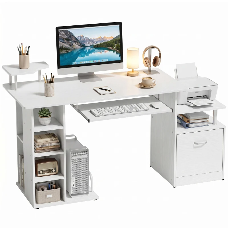 HOMCOM Computer Desk with Drawer Shelves CPU Storage Rack White