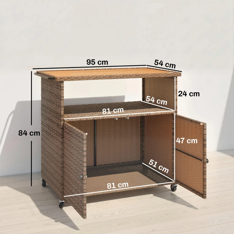 Outsunny Servierwagen Rattan Küchenwagen mit FSC Eukalyptusholz-Arbeitsplatte Ablagefach Rollen Seitengriff 95 x 54 x 84 cm