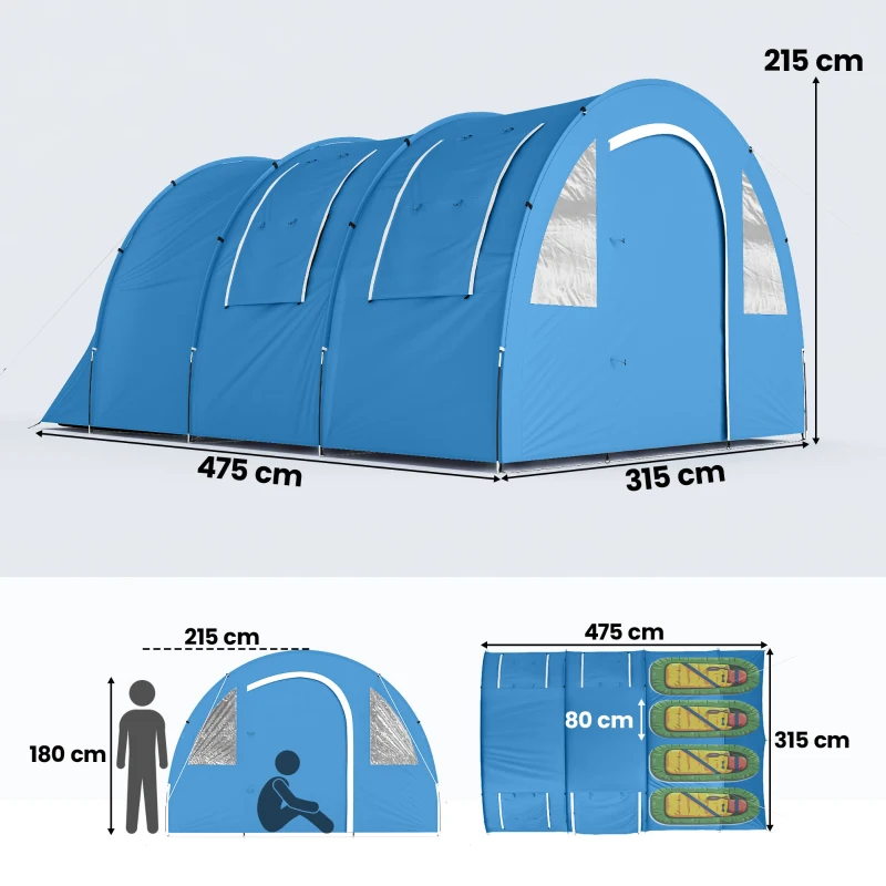 Outsunny 4 Man Camping Tent with 2 Room, Floor and Carry Bag - Blue
