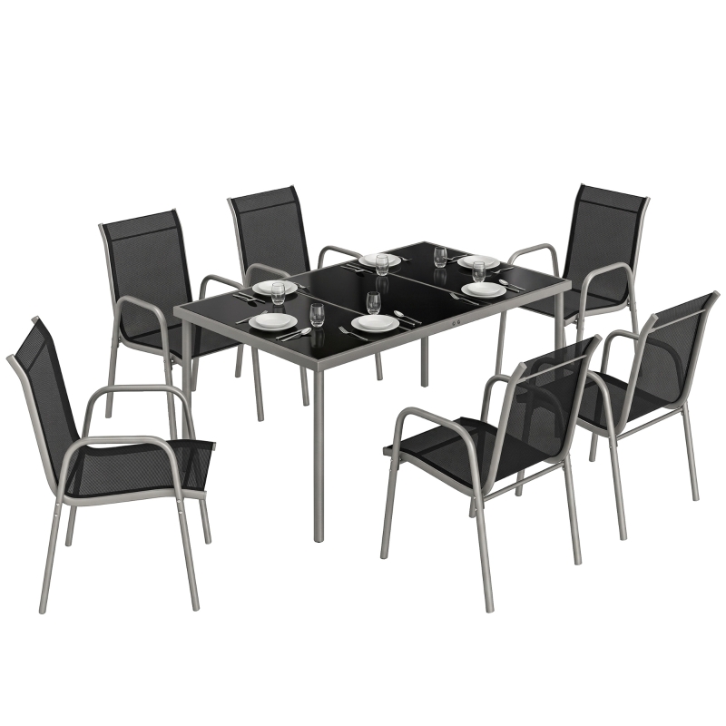 Outsunny Gartenmöbel Set Sitzgruppe 150 x 90cm Tisch mit 6 Atmungsaktiven Stühlen Sicherheitsglas Tischplatte