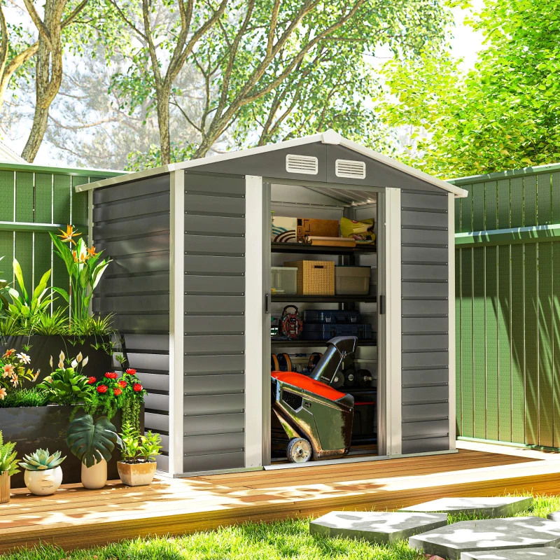 Outsunny Cobertizo Metálico para Jardín 213x120x166/194 cm con Base Refuerzo Puertas Correderas y Ventilaciones Gris Oscuro